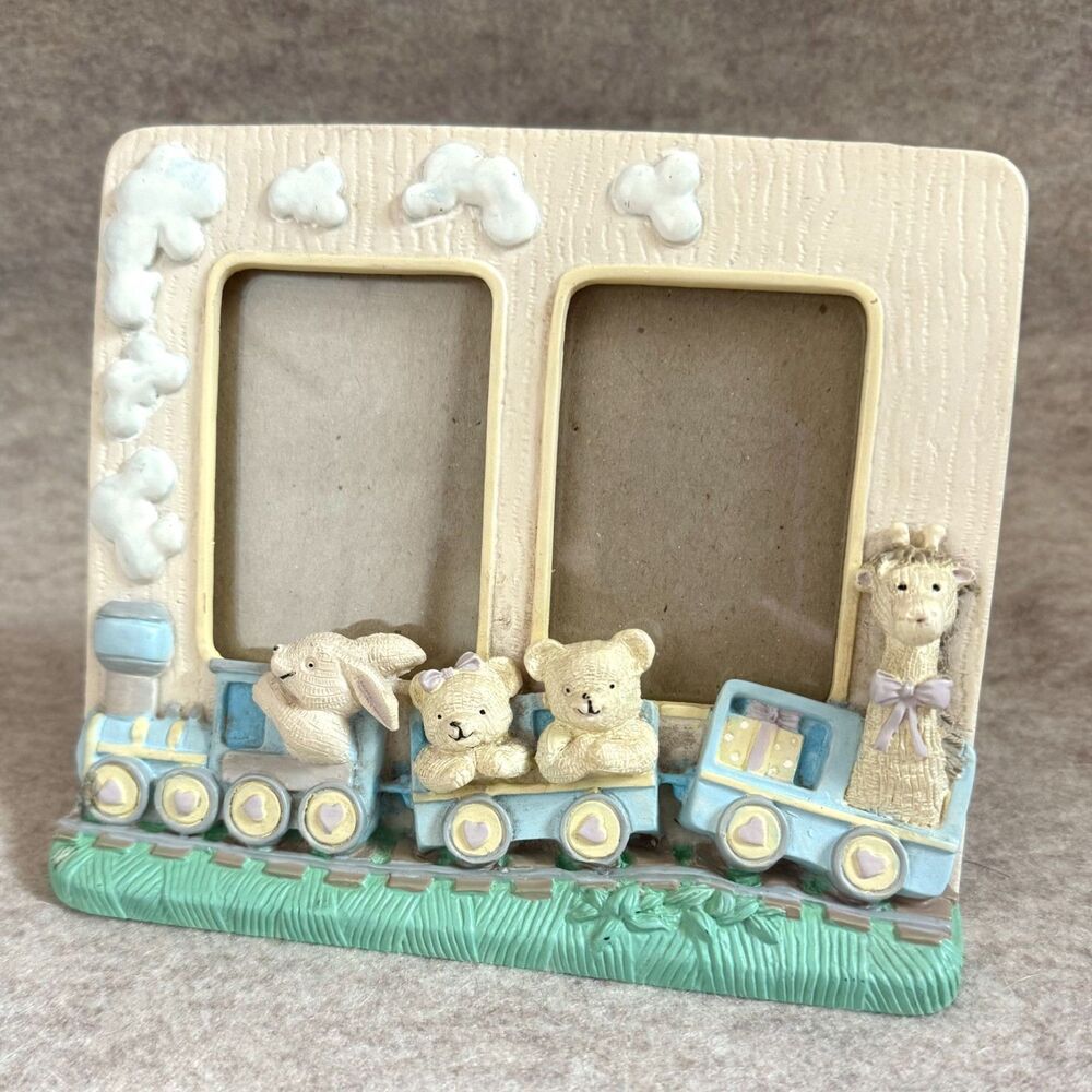 Vtg Burnes of Boston double photo frame hand painted resin animal train nursery